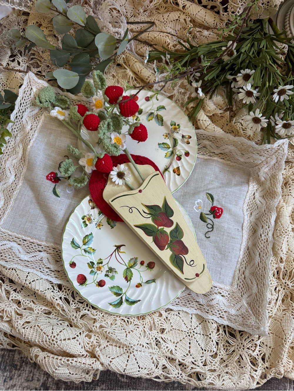 Vintage Cream and Red Strawberry Wall Pocket Vase Bundle